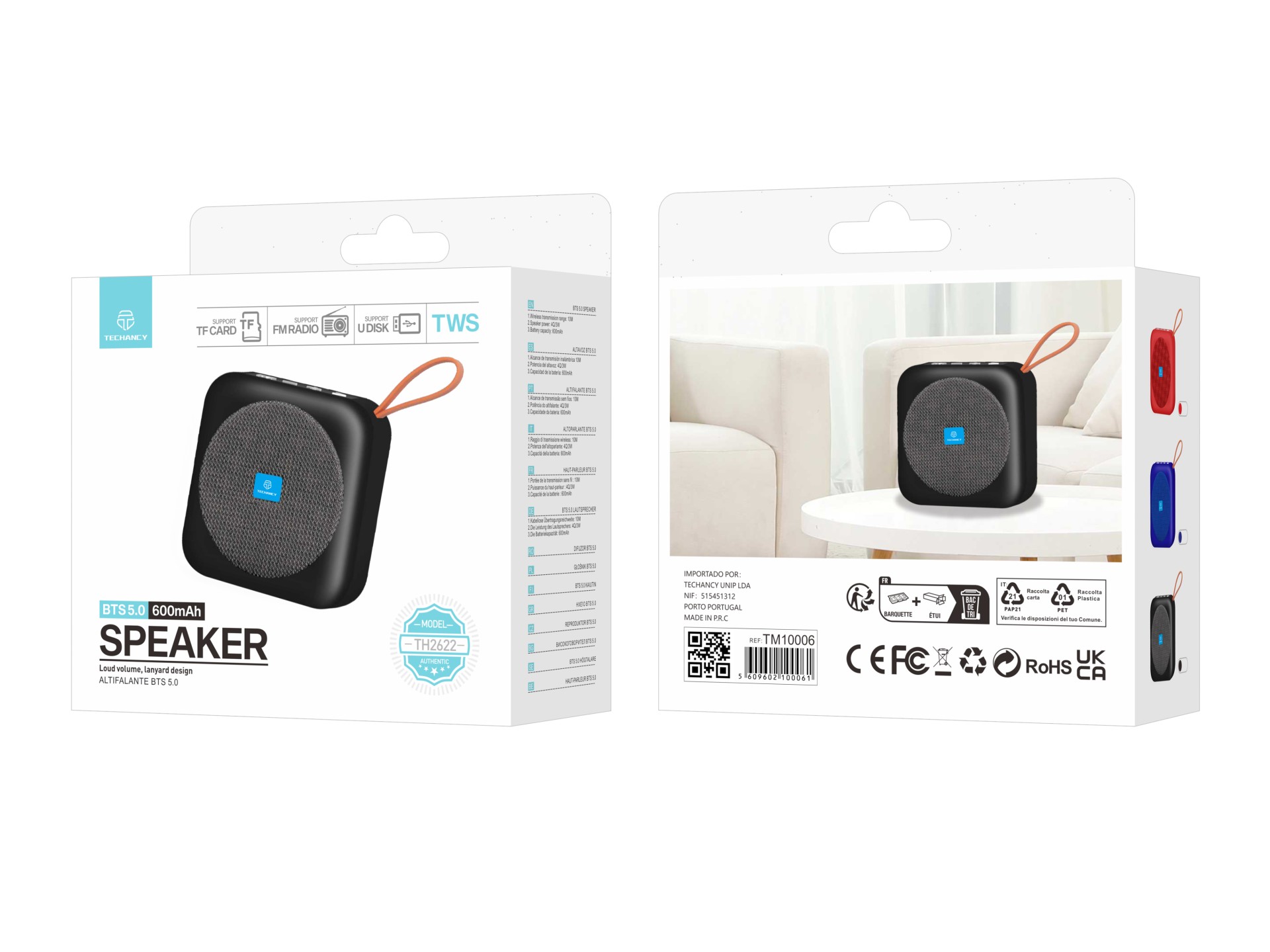 Altavoz Bluetooth Techancy TH2622 negro, tamaño portátil y compacto, compatible con TF/FM/USB/TWS, s