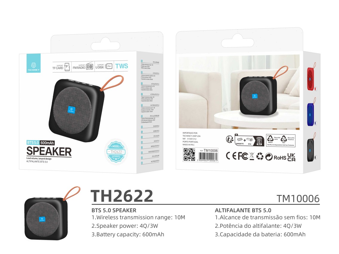 Altavoz Bluetooth Techancy TH2622 negro, tamaño portátil y compacto, compatible con TF/FM/USB/TWS, s