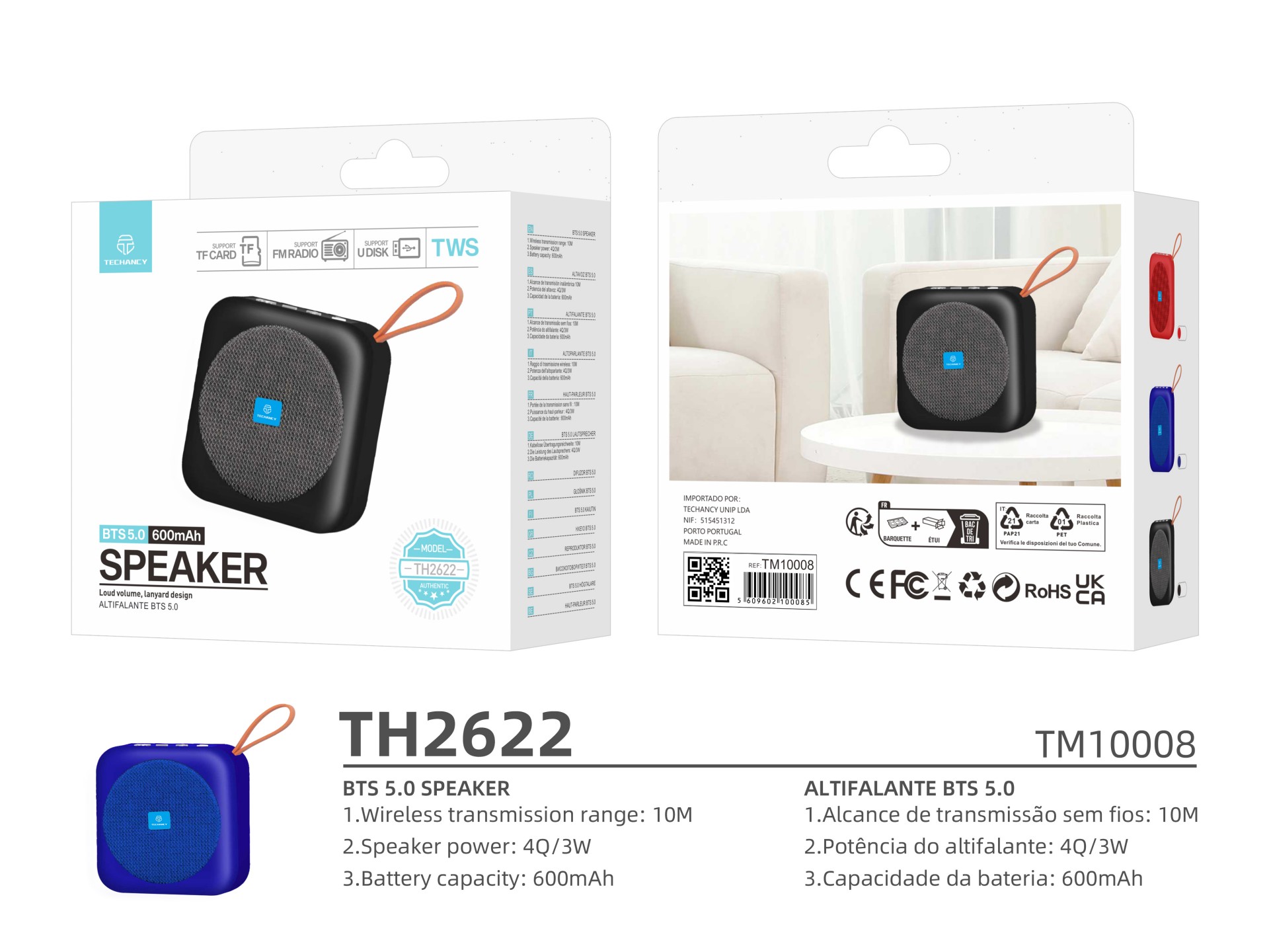 Techancy TH2622 Blue Bluetooth Speaker, Portable and Compact Size, Supports TF/FM/USB/TWS, Powerful