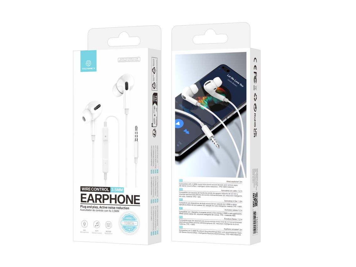 Techancy Auricular Com Fios Branco TD8036 , Microfone Integrado, 3,5 Mm, Compatível Com Smartphones
