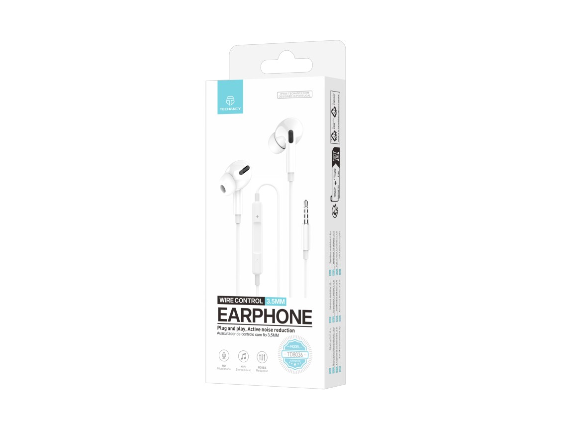 Techancy Auricular Com Fios Branco TD8036 , Microfone Integrado, 3,5 Mm, Compatível Com Smartphones