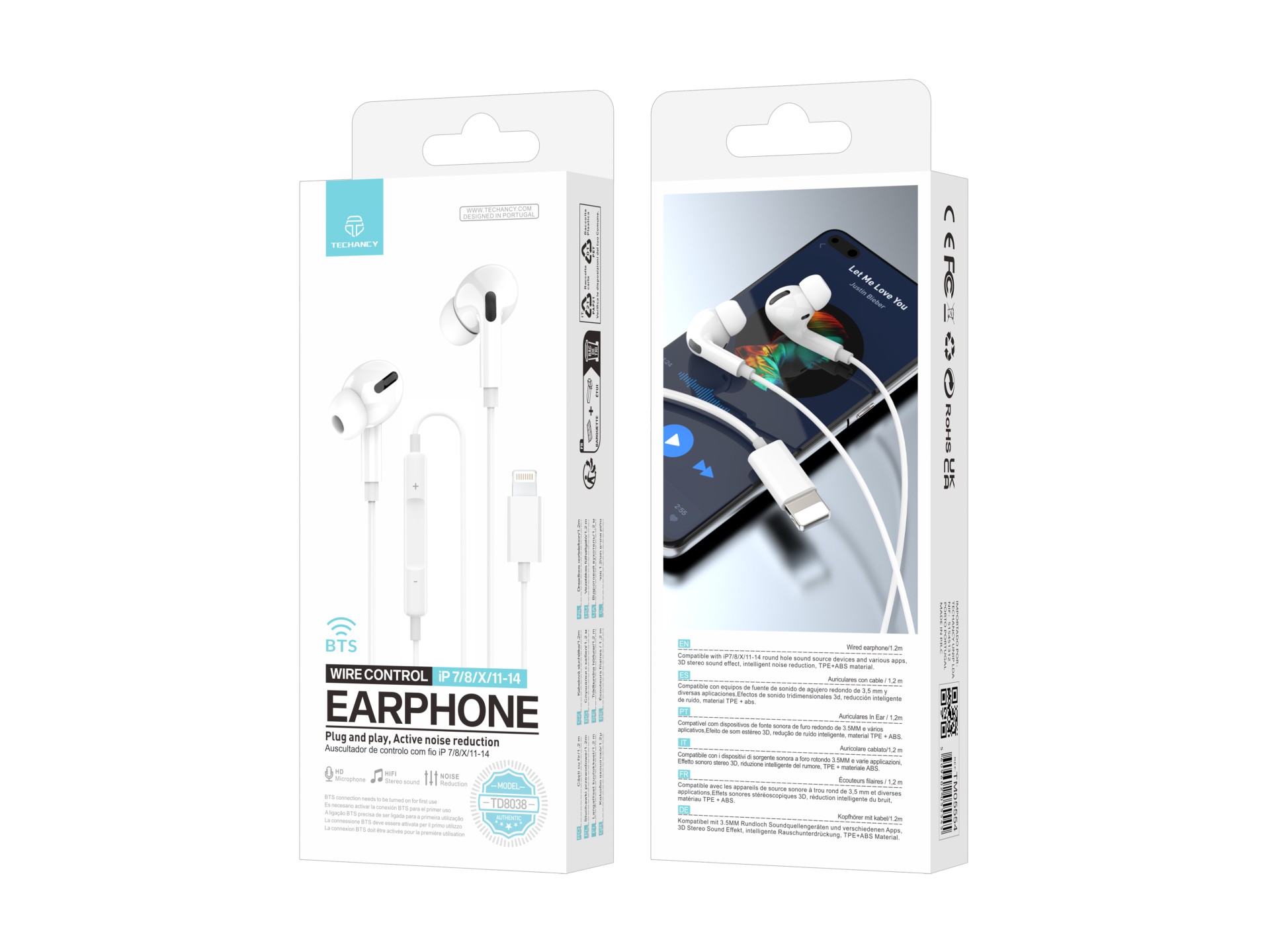 Techancy Auscultadores Intra-Auriculares Com Fios Brancos TD8038 Com Conetor Lightning, Microfone In