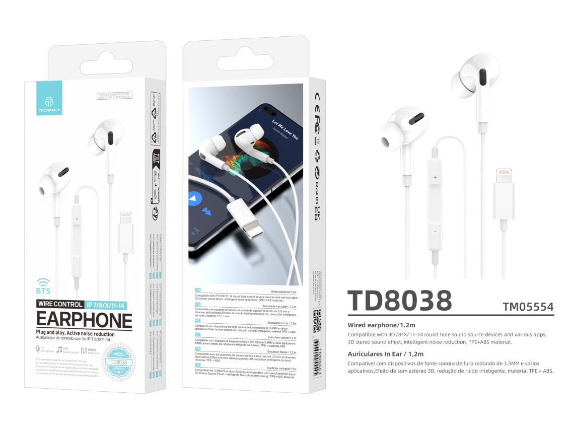 Techancy Auscultadores Intra-Auriculares Com Fios Brancos TD8038 Com Conetor Lightning, Microfone In