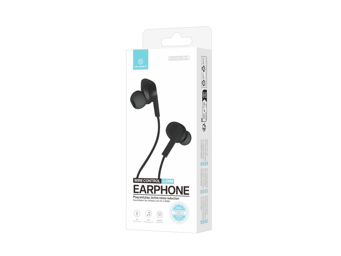 Techancy Auricular Com Fios Preto TD8022 , Microfone Integrado, 3,5 Mm, Compatível Com Smartphones E