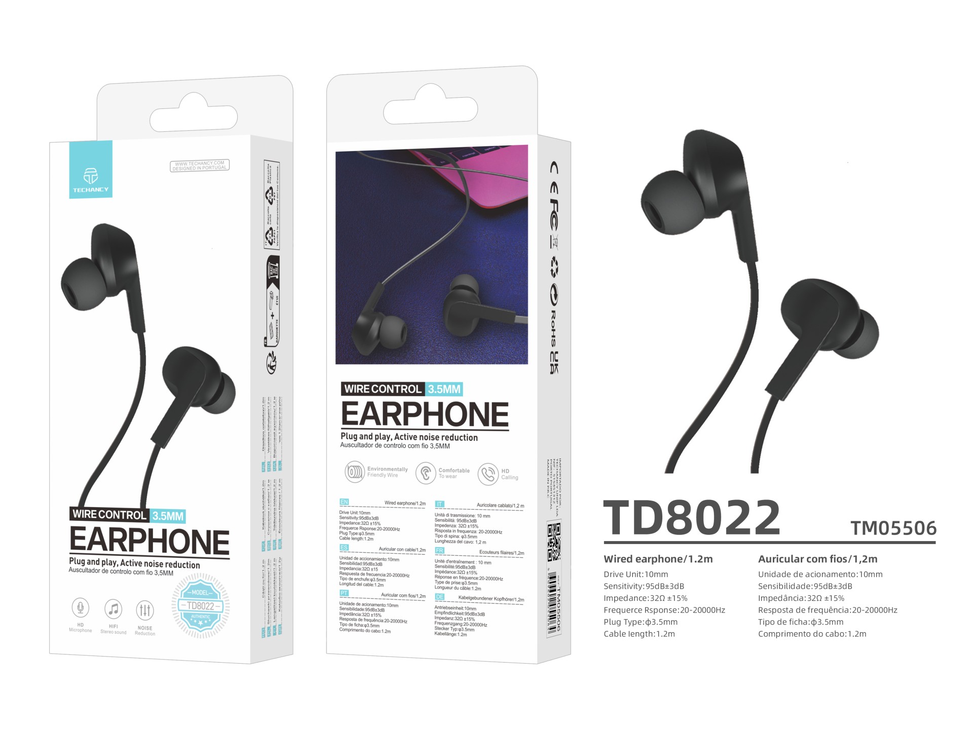 Techancy Auricular Com Fios Preto TD8022 , Microfone Integrado, 3,5 Mm, Compatível Com Smartphones E