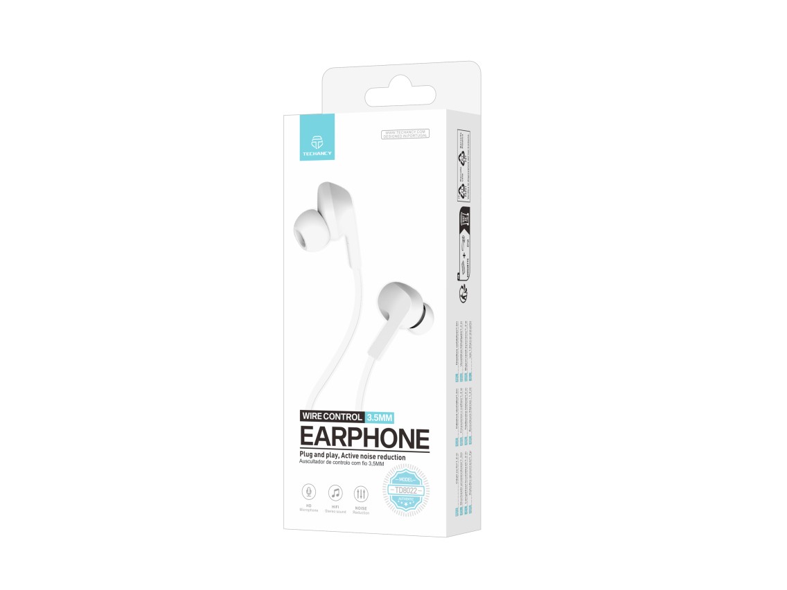 Techancy Auricular Com Fios Branco TD8022 , Microfone Integrado, 3,5 Mm, Compatível Com Smartphones