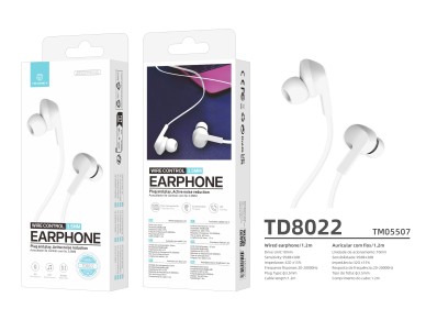 Techancy Auricular Com Fios Branco TD8022 , Microfone Integrado, 3,5 Mm, Compat�vel Com Smartphones 