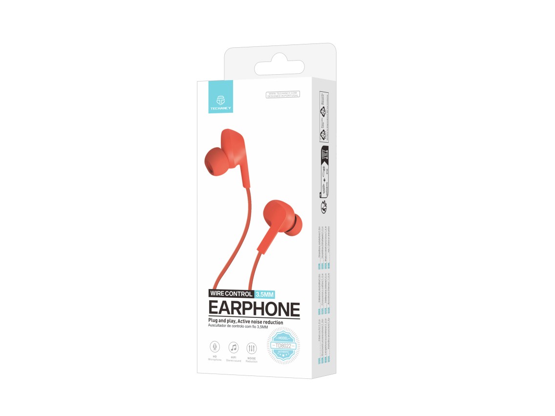 Techancy Auricular Com Fios Laranja TD8022 , Microfone Integrado, 3,5 Mm, Compatível Com Smartphones