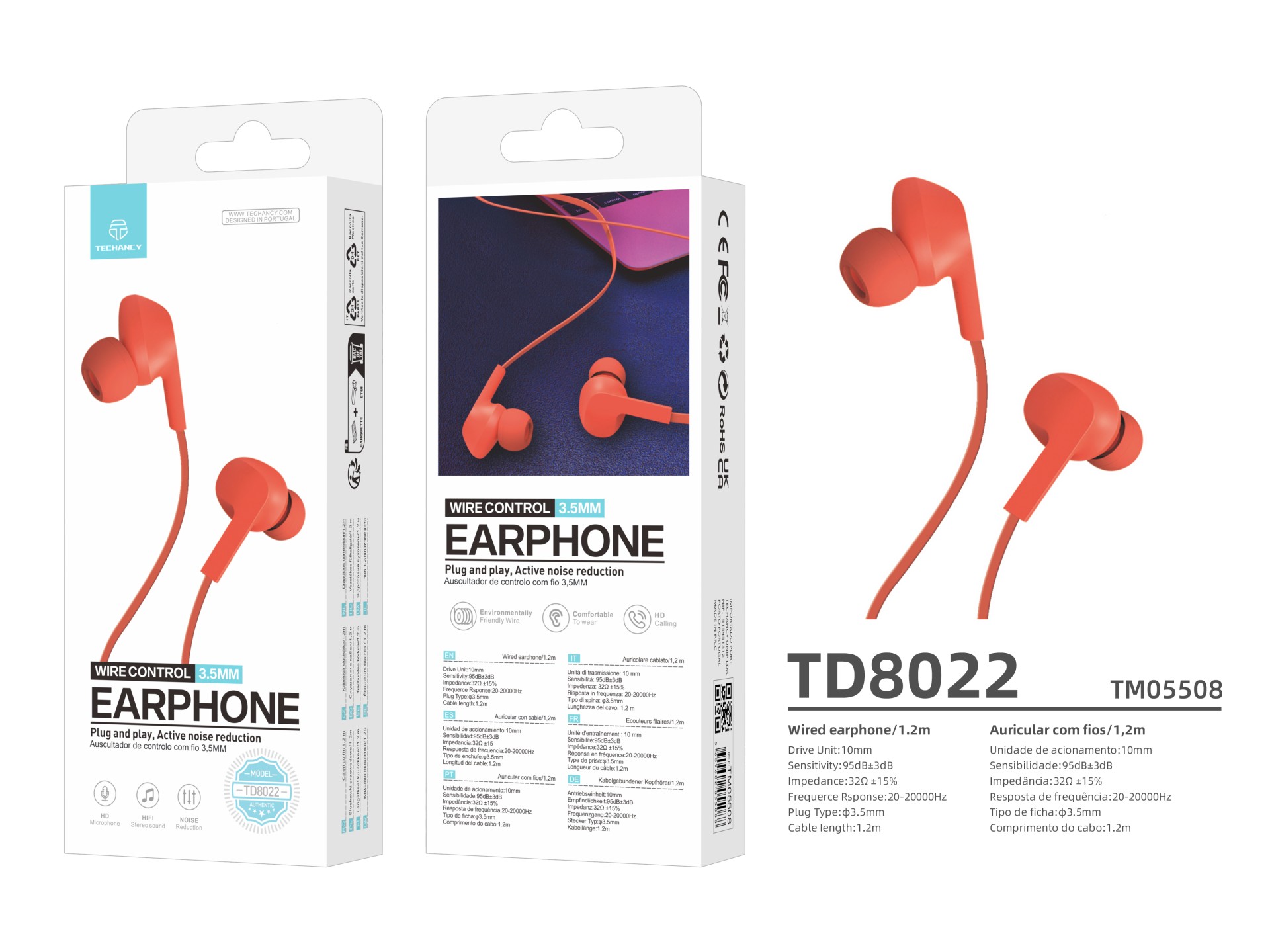 Techancy Auricular Com Fios Laranja TD8022 , Microfone Integrado, 3,5 Mm, Compatível Com Smartphones