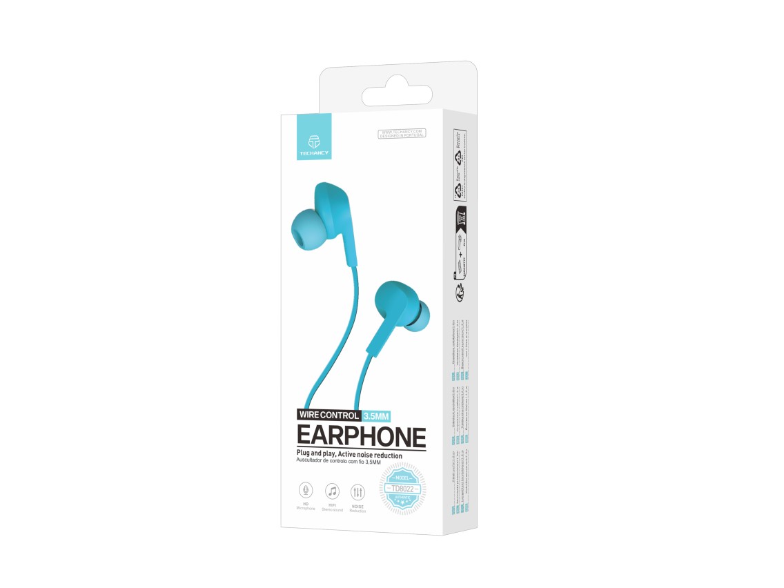 Techancy Auricular Com Fios Azul TD8022 , Microfone Integrado, 3,5 Mm, Compatível Com Smartphones E