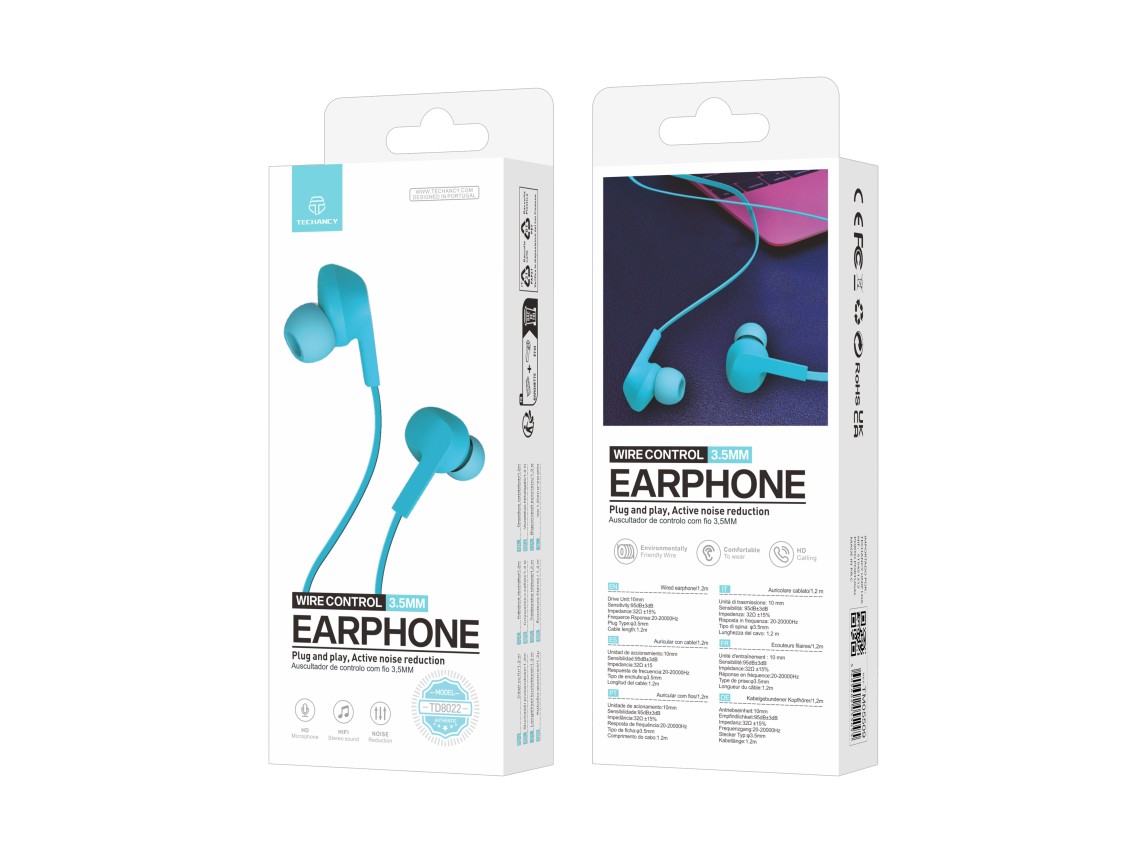 Techancy Auricular Com Fios Azul TD8022 , Microfone Integrado, 3,5 Mm, Compatível Com Smartphones E