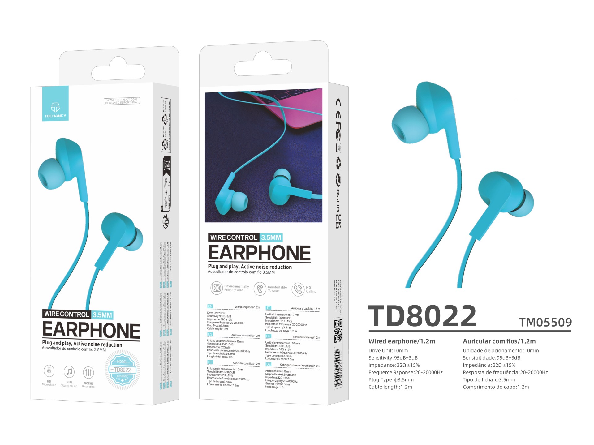 Techancy Auricular Com Fios Azul TD8022 , Microfone Integrado, 3,5 Mm, Compatível Com Smartphones E