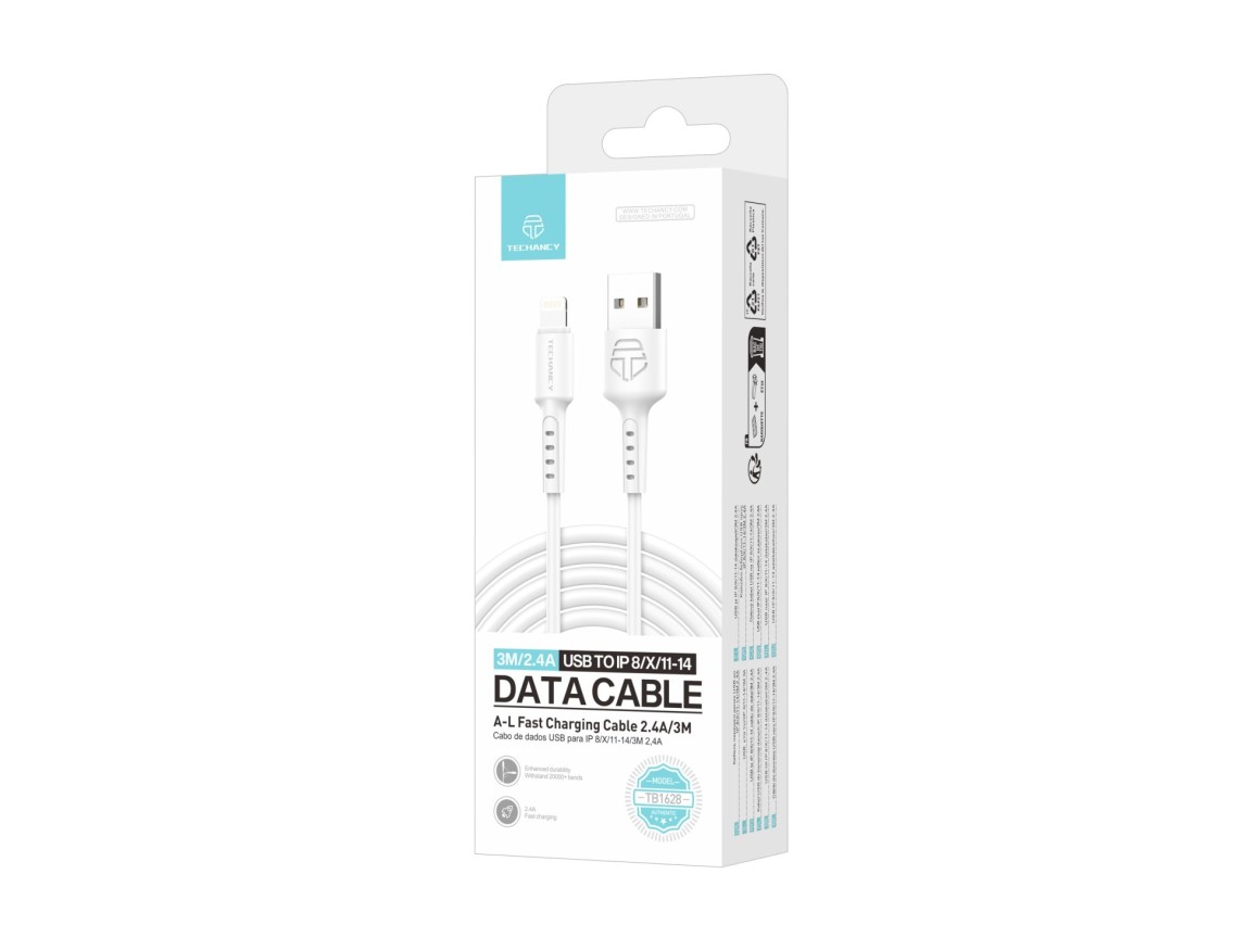 Techancy White Data Cable TB1628, USB to Lightning Fast Charging Cable, 3M/2.4A, Compatible with iPh