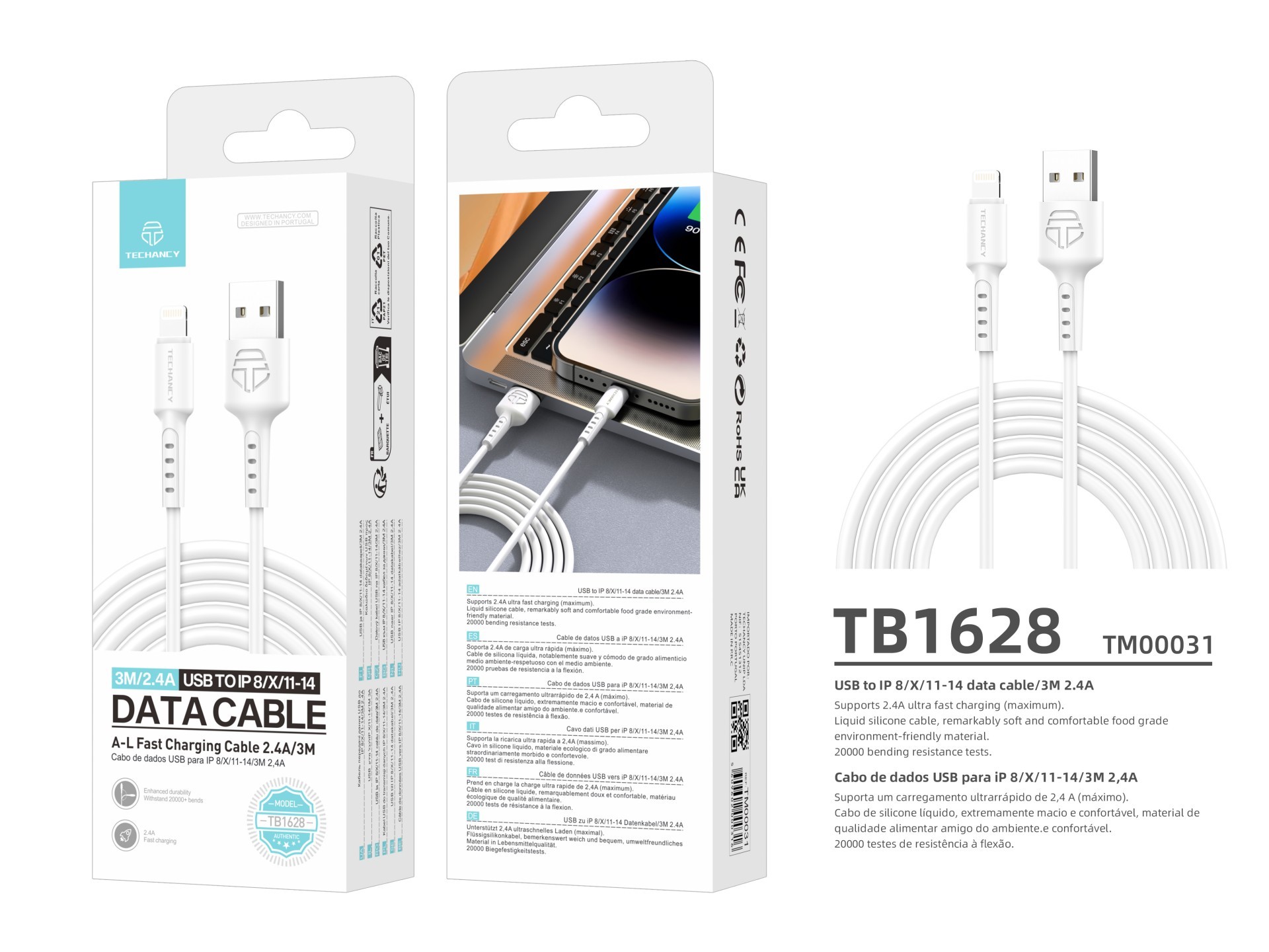 Techancy White Data Cable TB1628, USB to Lightning Fast Charging Cable, 3M/2.4A, Compatible with iPh