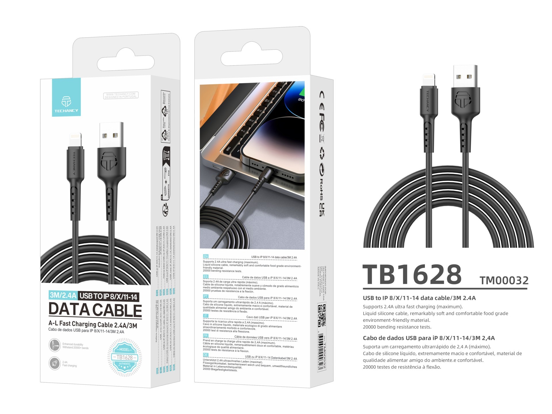 Techancy Cabo De Dados Preto TB1628, Cabo De Carregamento Rápido Usb Para Lightning, 3 M/2,4 A, Comp