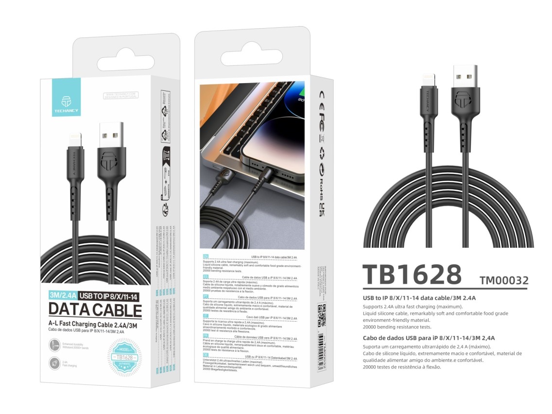 Techancy Cabo De Dados Preto TB1628, Cabo De Carregamento Rápido Usb Para Lightning, 3 M/2,4 A, Comp