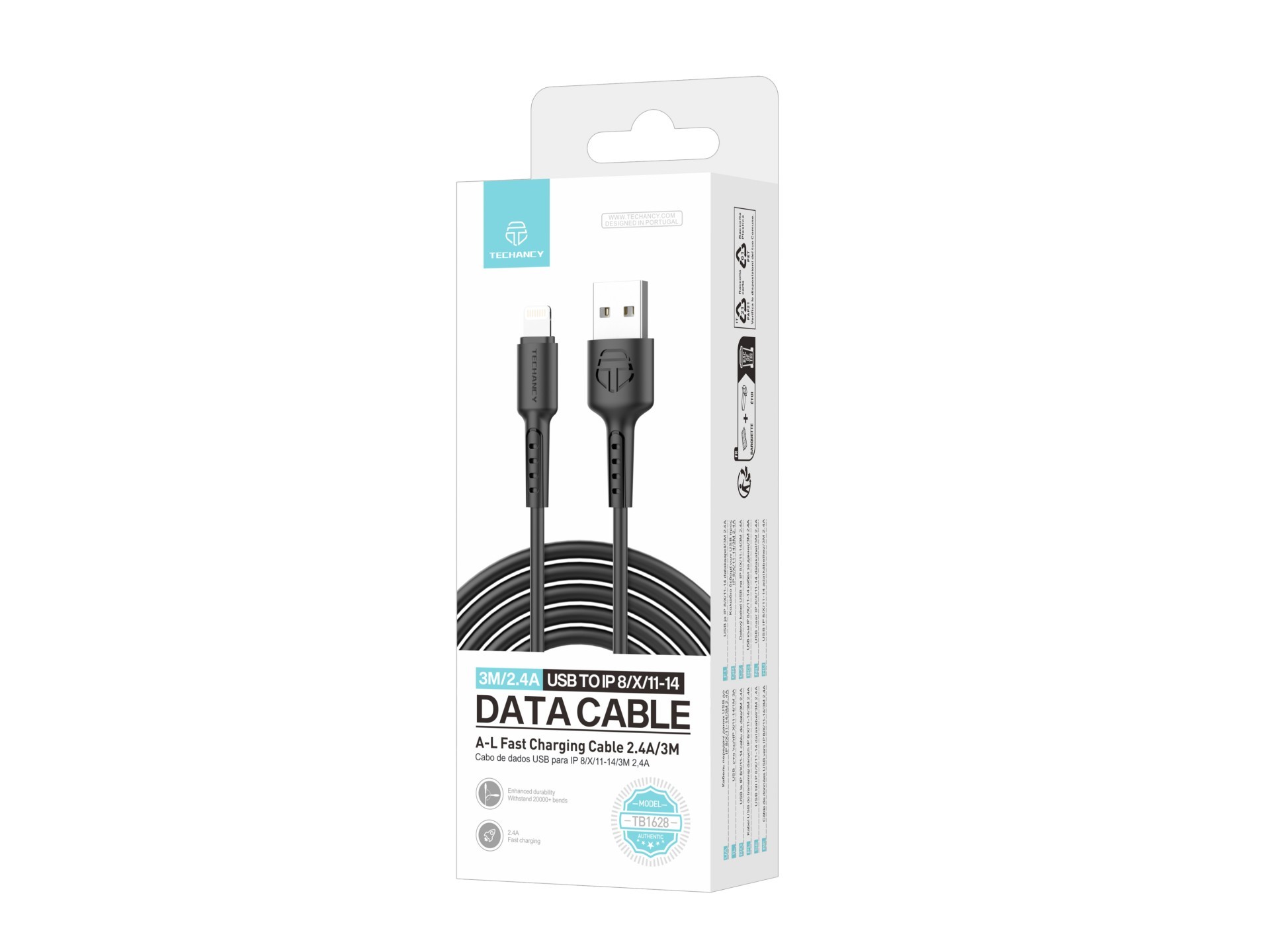 Techancy Cabo De Dados Preto TB1628, Cabo De Carregamento Rápido Usb Para Lightning, 3 M/2,4 A, Comp