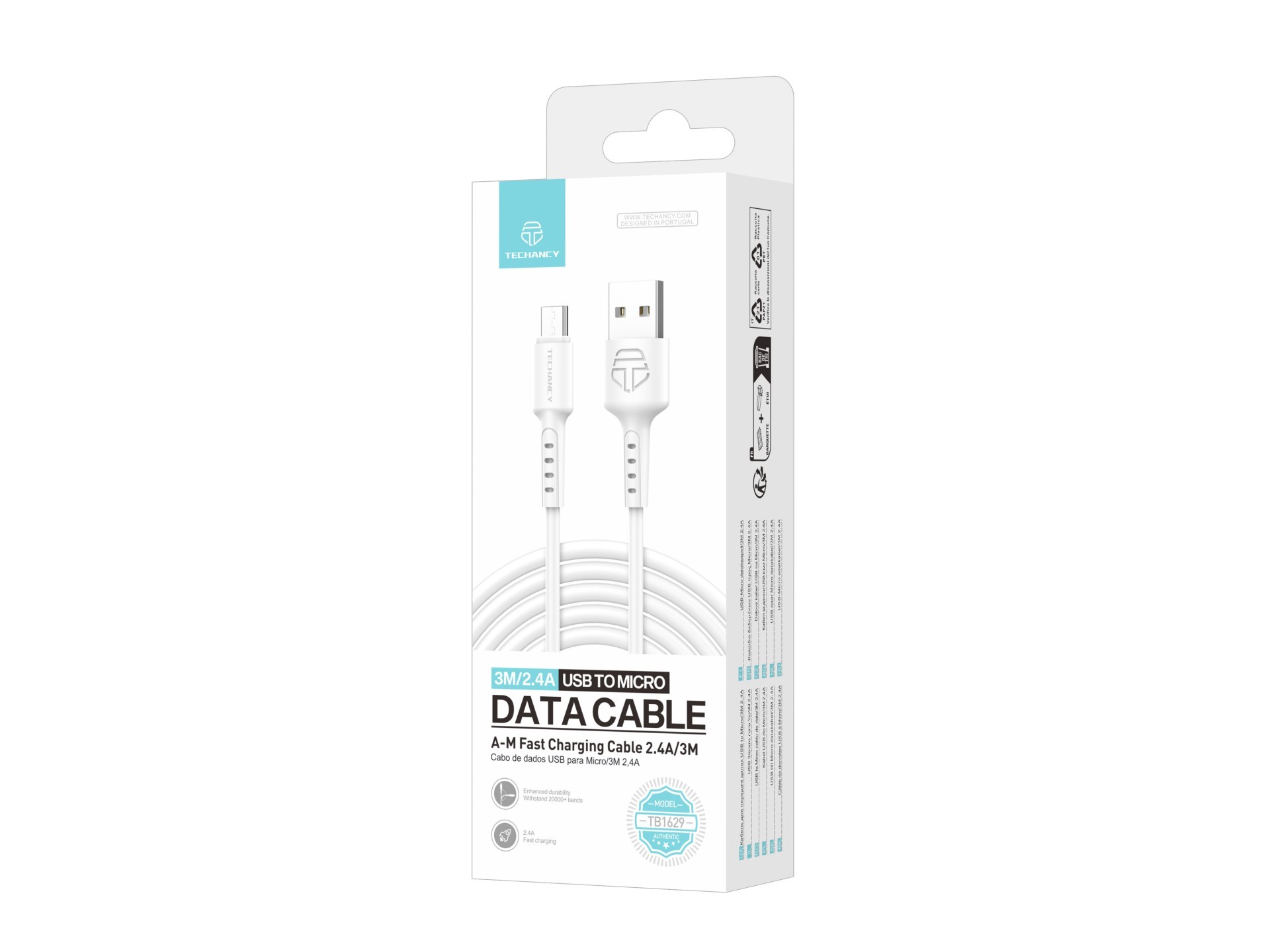 Cable de datos Techancy TB1629 blanco, cable de carga rápida USB a micro USB, 3 m/2,4 A, compatible