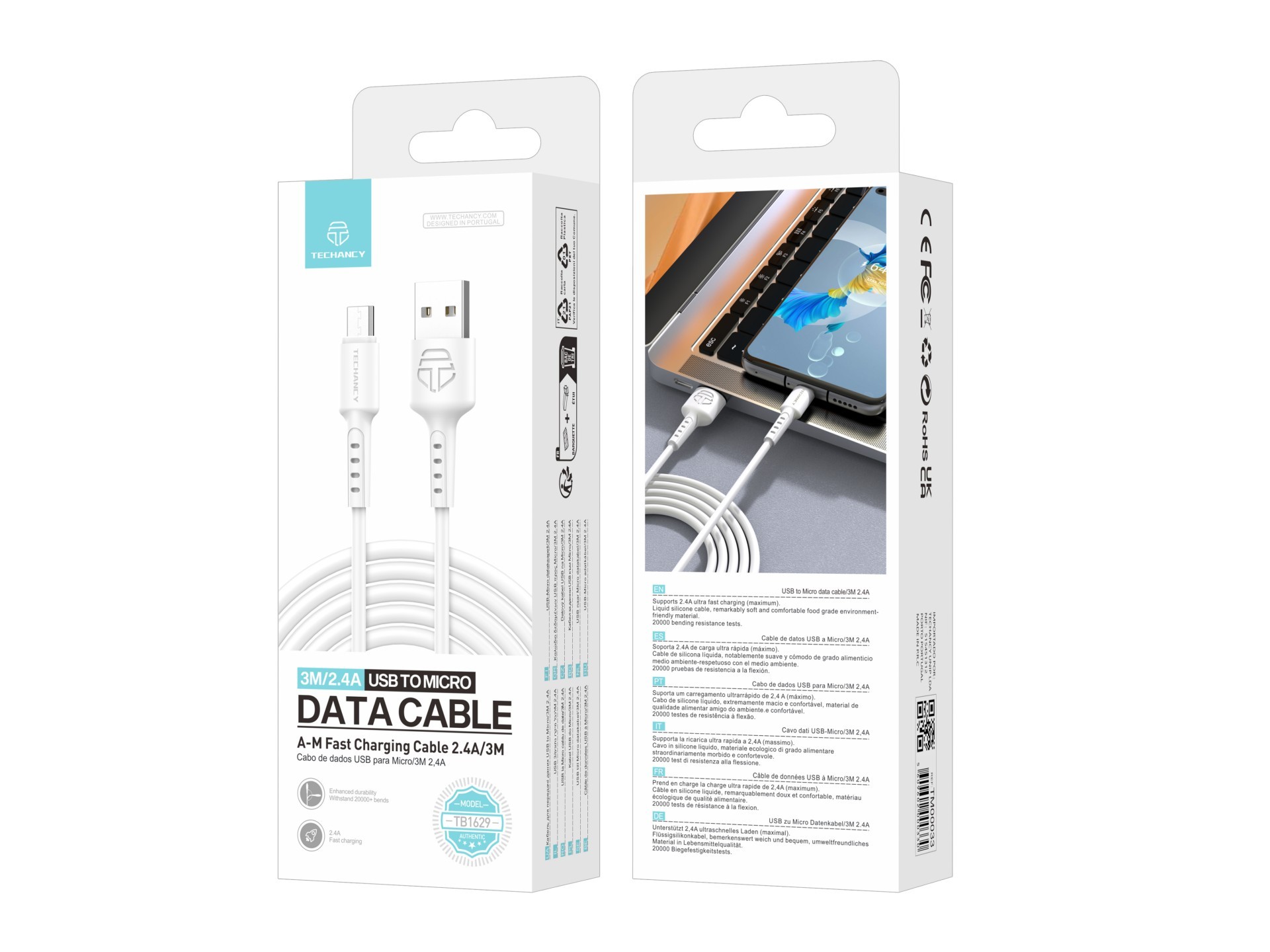 Cable de datos Techancy TB1629 blanco, cable de carga rápida USB a micro USB, 3 m/2,4 A, compatible