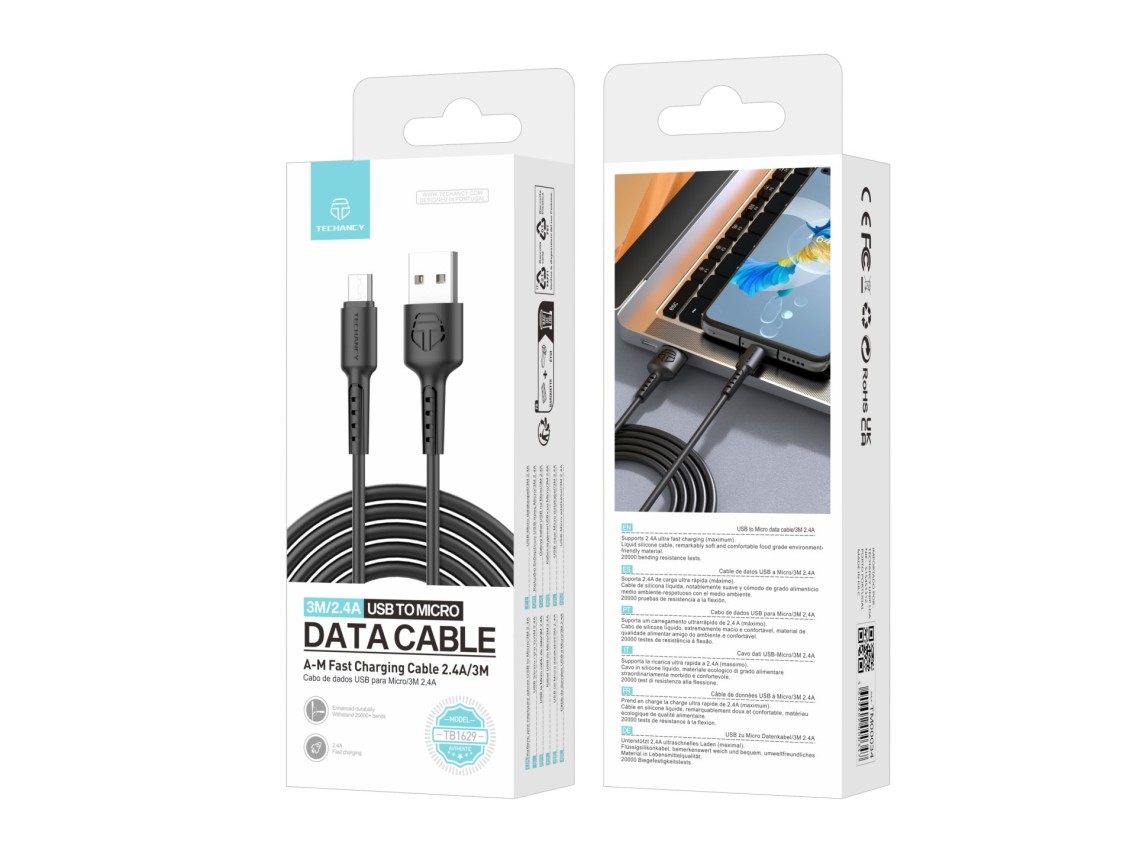 Cable de datos Techancy TB1629, negro, cable de carga rápida USB a micro USB, 3 m/2,4 A, compatible