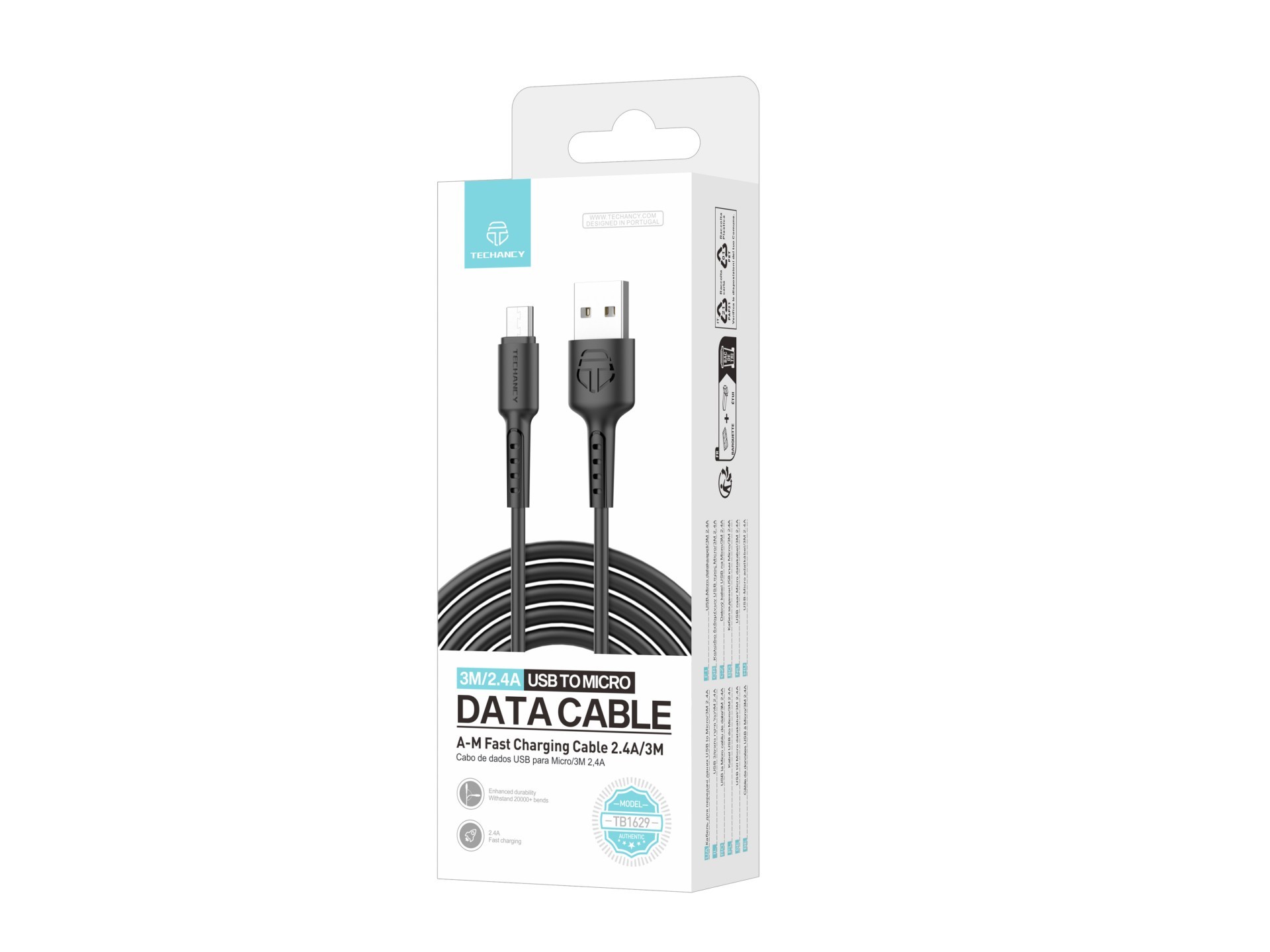 Cable de datos Techancy TB1629, negro, cable de carga rápida USB a micro USB, 3 m/2,4 A, compatible