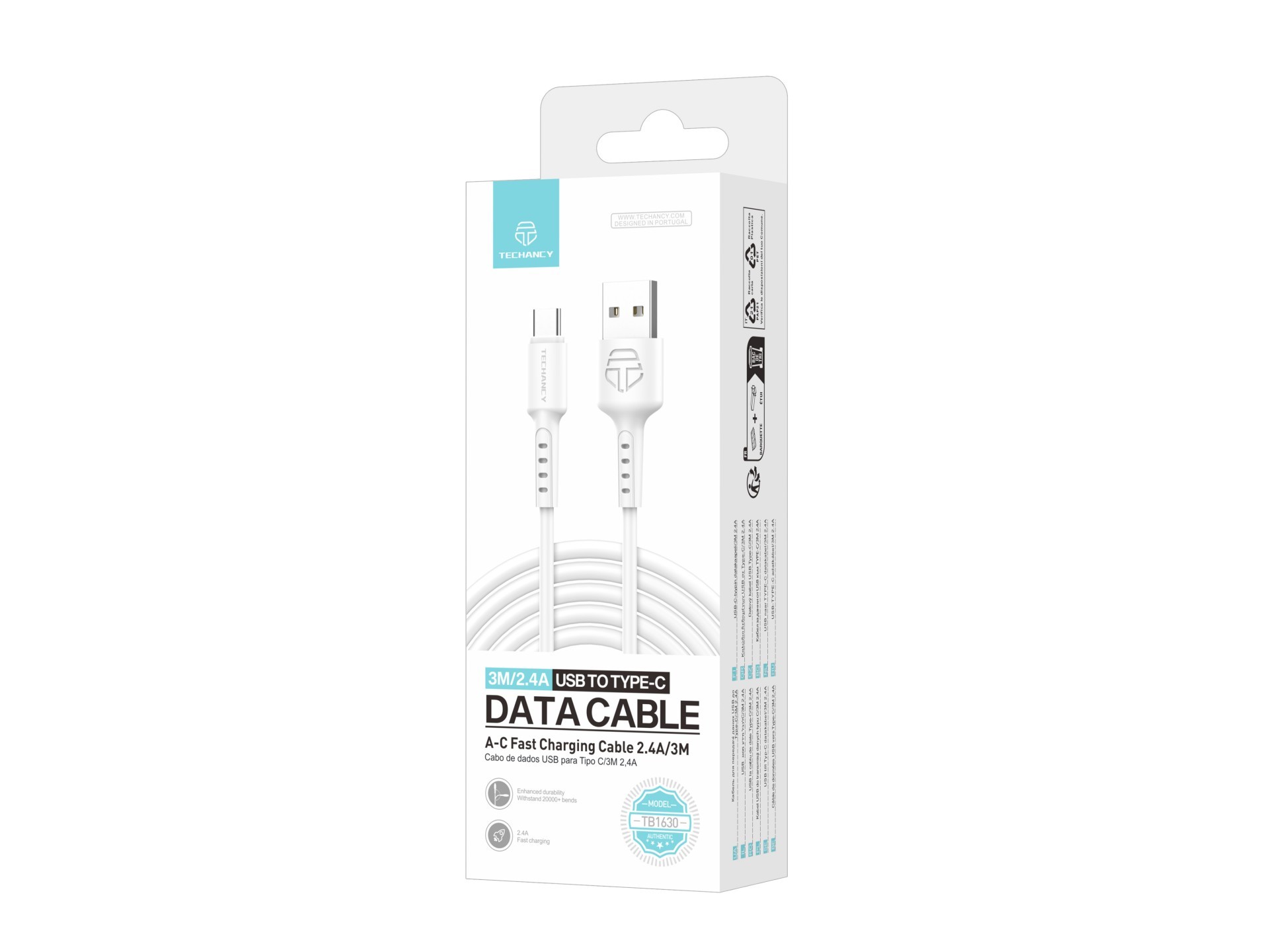 Techancy Cabo De Dados Branco TB1630, Cabo De Carregamento Rápido Usb Para Tipo C, 3 M/2,4 A, Compat