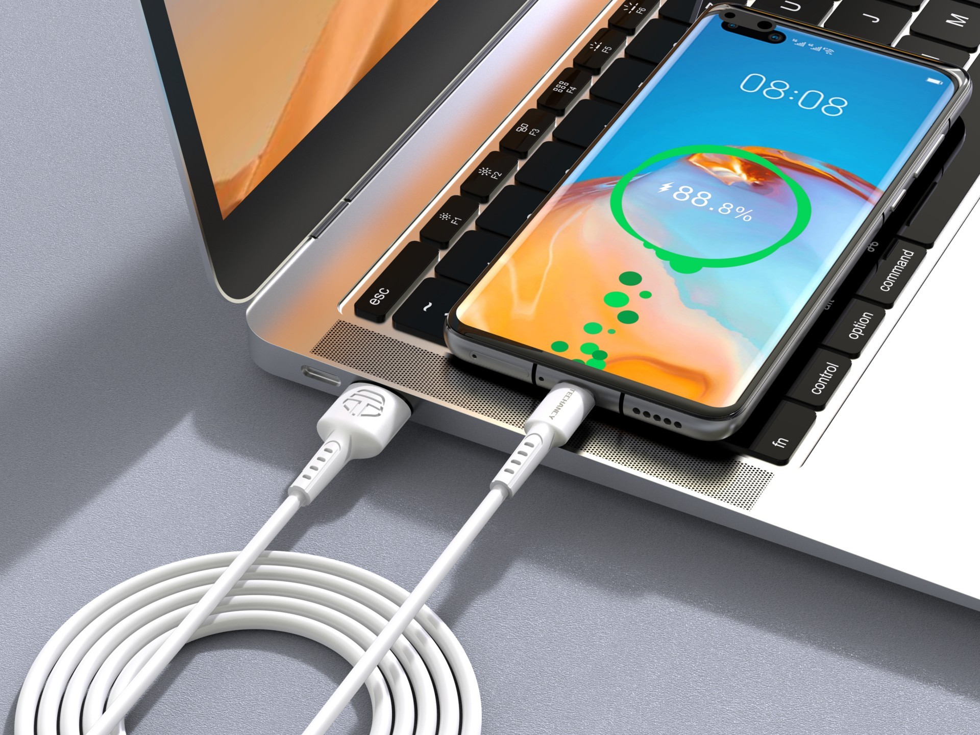 Techancy Cabo De Dados Branco TB1630, Cabo De Carregamento Rápido Usb Para Tipo C, 3 M/2,4 A, Compat
