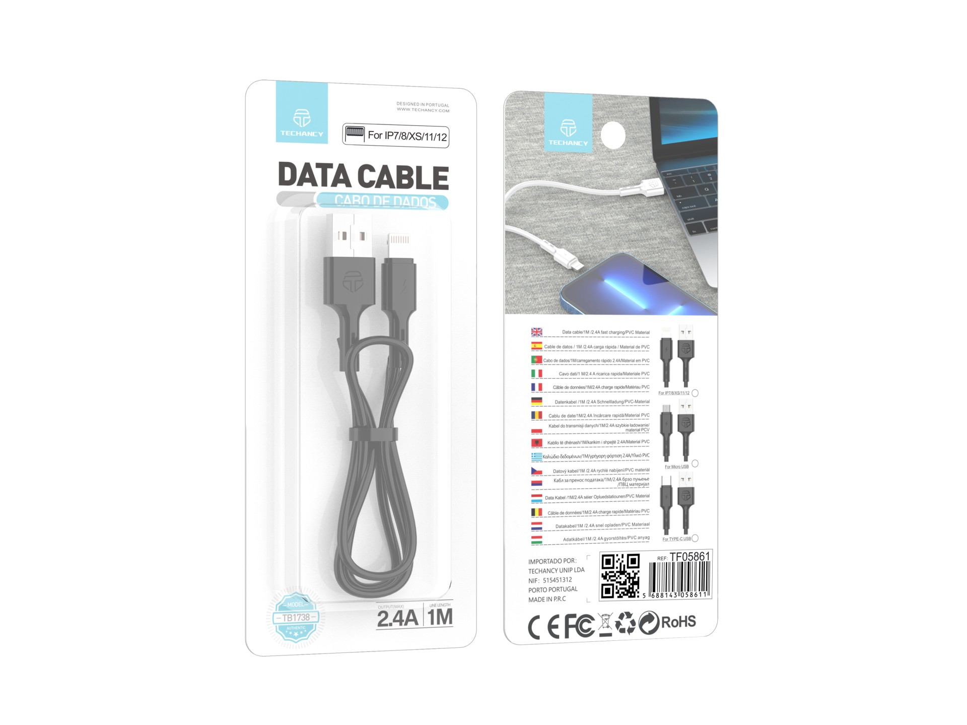Techancy USB Data Cable - IP7/8/X/11-14, TB1738 1M 2.4A Fast Charging, Data Transfer, Black
