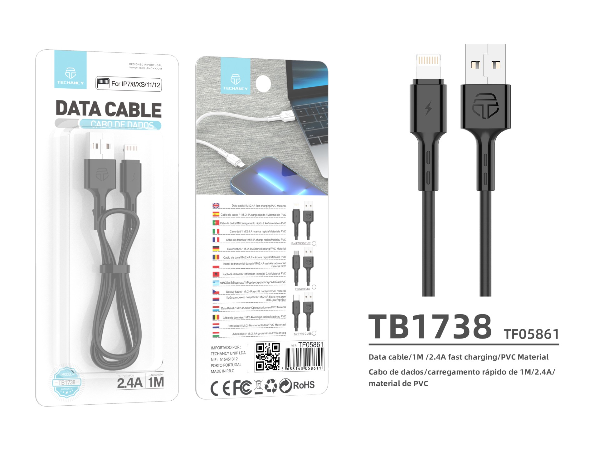 Techancy USB Data Cable - IP7/8/X/11-14, TB1738 1M 2.4A Fast Charging, Data Transfer, Black