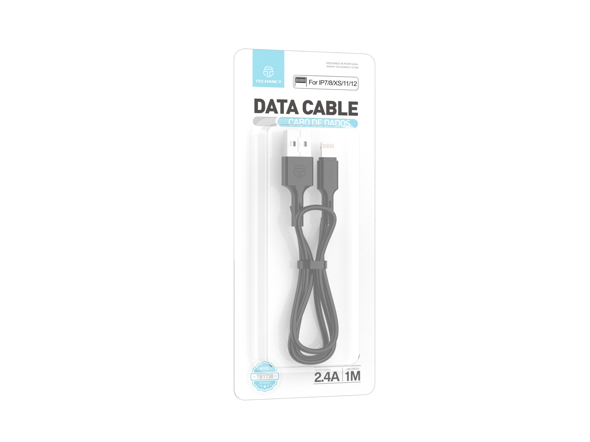 Techancy USB Data Cable - IP7/8/X/11-14, TB1738 1M 2.4A Fast Charging, Data Transfer, Black