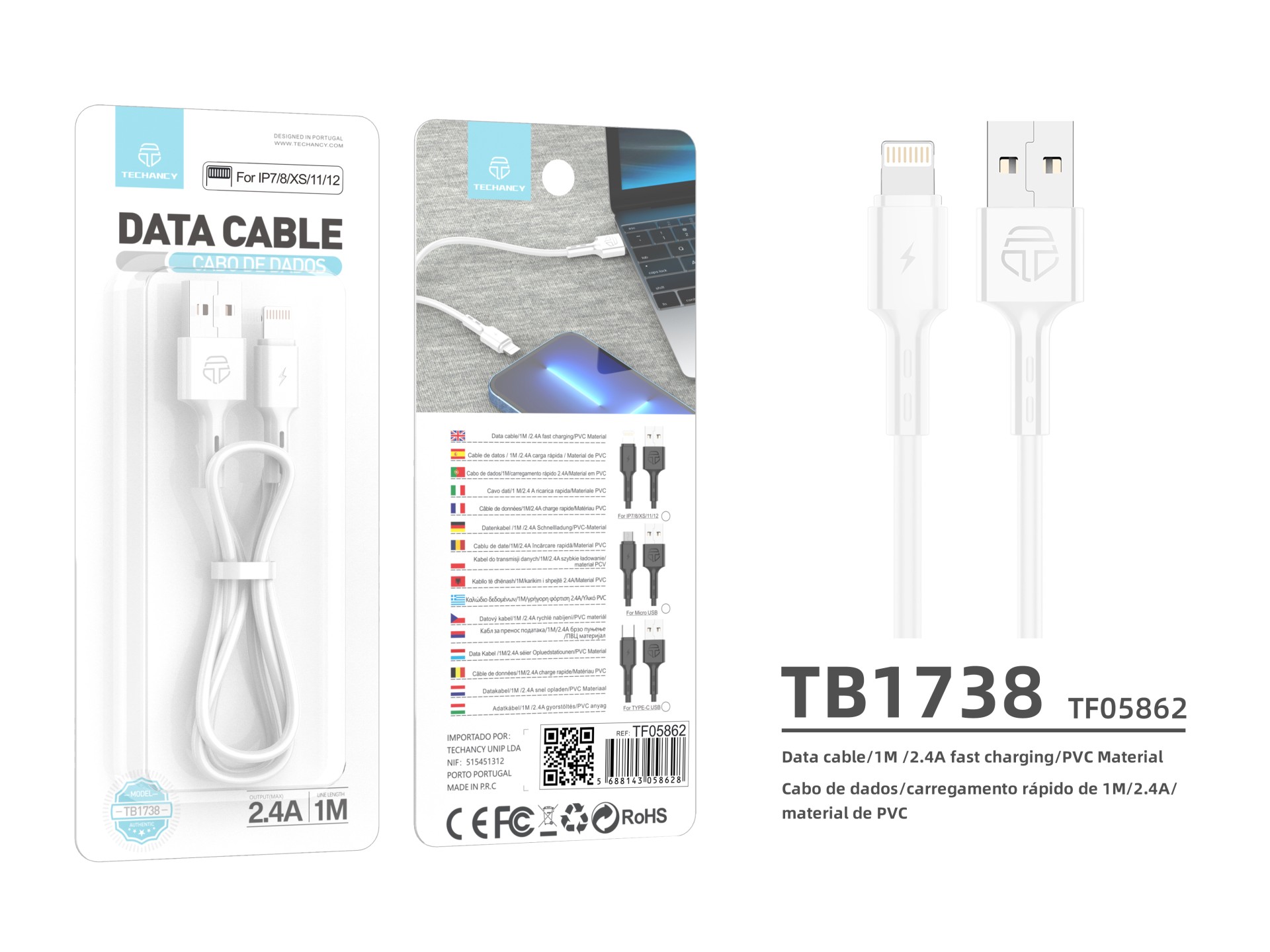 Techancy USB Data Cable - IP7/8/X/11-14, TB1738 1M 2.4A Fast Charging, Data Transfer, White