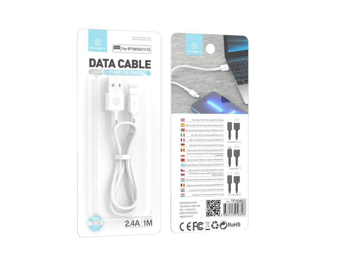 Techancy USB Data Cable - IP7/8/X/11-14, TB1738 1M 2.4A Fast Charging, Data Transfer, White