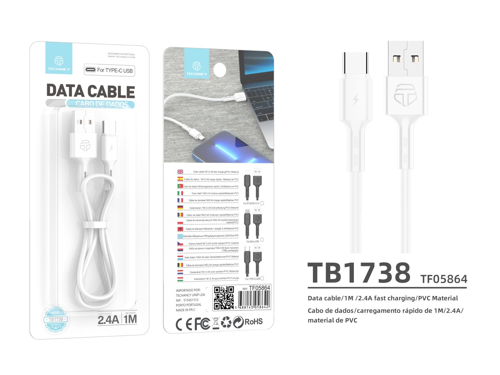 Techancy USB Type-C Data Cable, TB1738 1M, 2.4A Fast Charging, Data Transfer, White