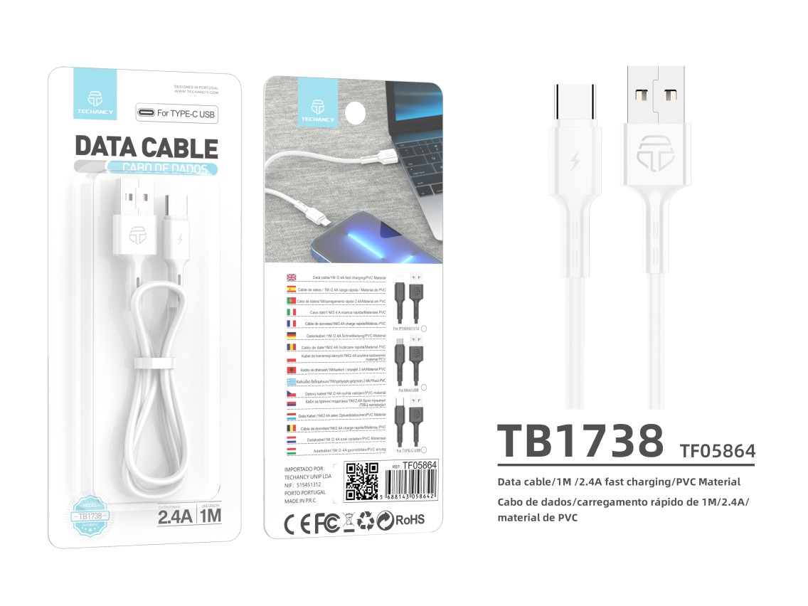 Techancy USB Type-C Data Cable, TB1738 1M, 2.4A Fast Charging, Data Transfer, White