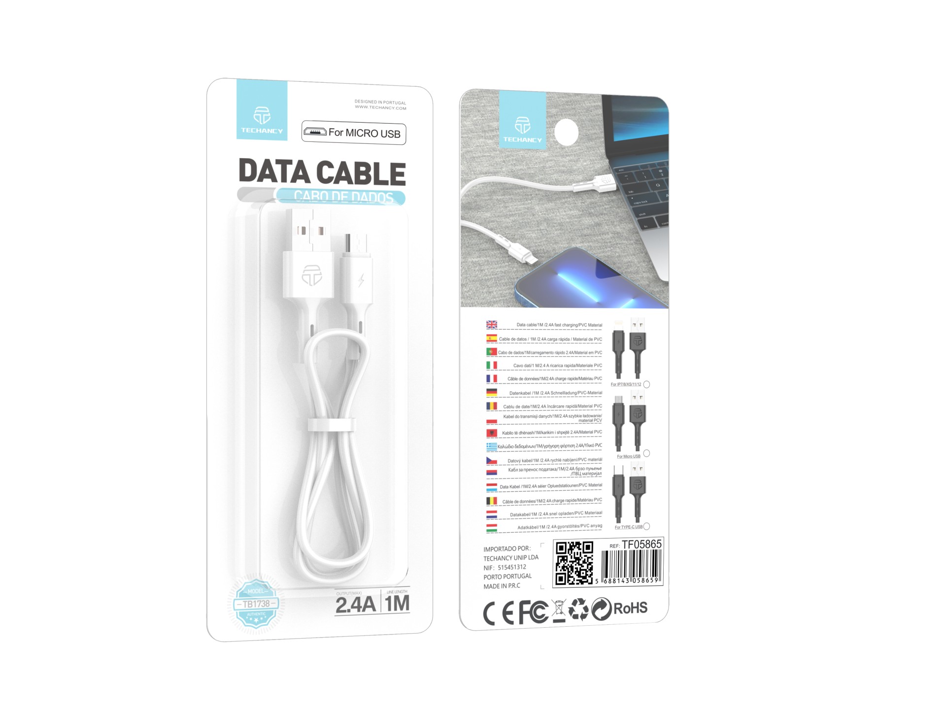 Techancy USB-Micro Data Cable, TB1738 1M, 2.4A Fast Charging, Data Transfer, White