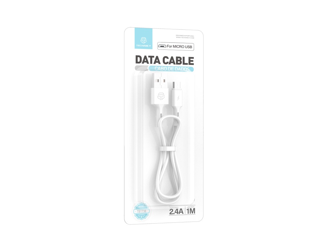 Techancy Cabo De Dados Usb-Micro, TB1738 1M, Carregamento Rápido 2,4A, Transferência De Dados, Branc
