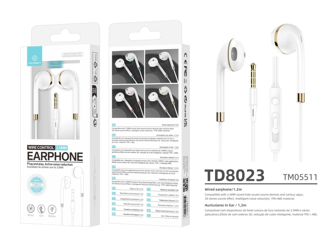 Techancy Fone de ouvido com fio TD8023, plugue 3,5 mm, controle no fio, microfone HD, cabo 1,2m