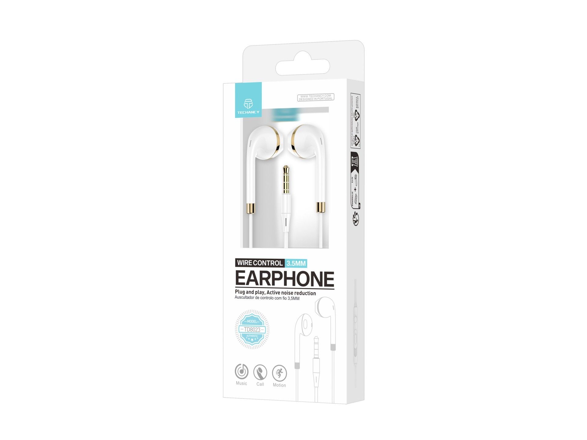Techancy Fone de ouvido com fio TD8023, plugue 3,5 mm, controle no fio, microfone HD, cabo 1,2m