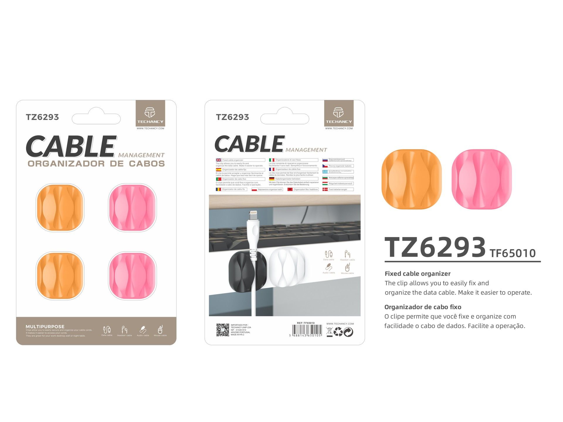 Techancy cable support, TZ6293, pack of 4, cable organizer, orange + pink