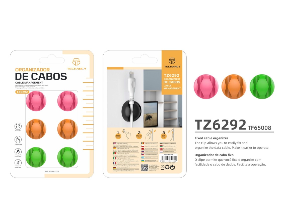 Techancy cable support, TZ6292, pack of 6, cable organizer, orange + pink