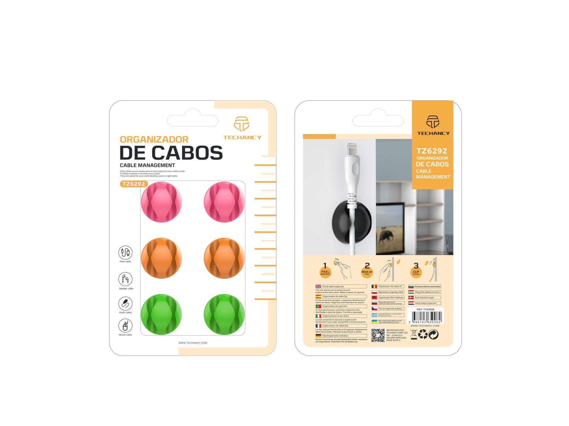 Soporte para cables Techancy, TZ6292, paquete de 6, organizador de cables, naranja y rosa