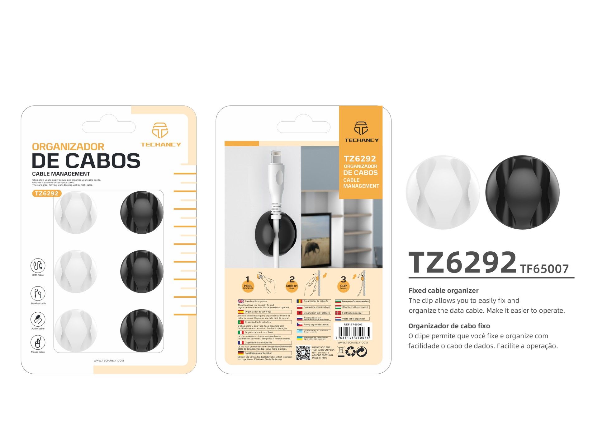 Techancy TZ6292 Cable Support, Pack of 6, Cable Organizer, Black and White