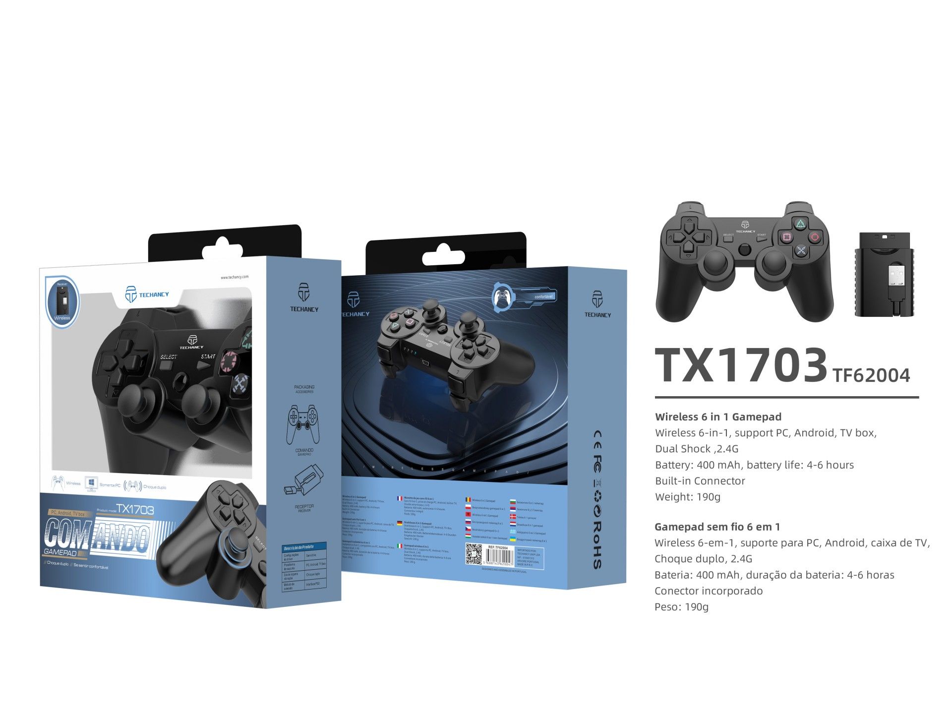 Techancy 6-in-1 Wireless Gaming Controller, Built-in Battery, 2.4G Wireless Connection, TX1703, Comp