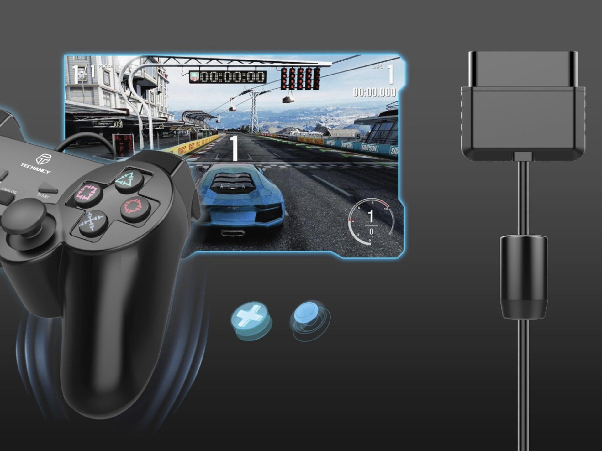 Controlador de jogos com fio USB Techancy PS2, TX1702, com joystick duplo com feedback vibratório, p