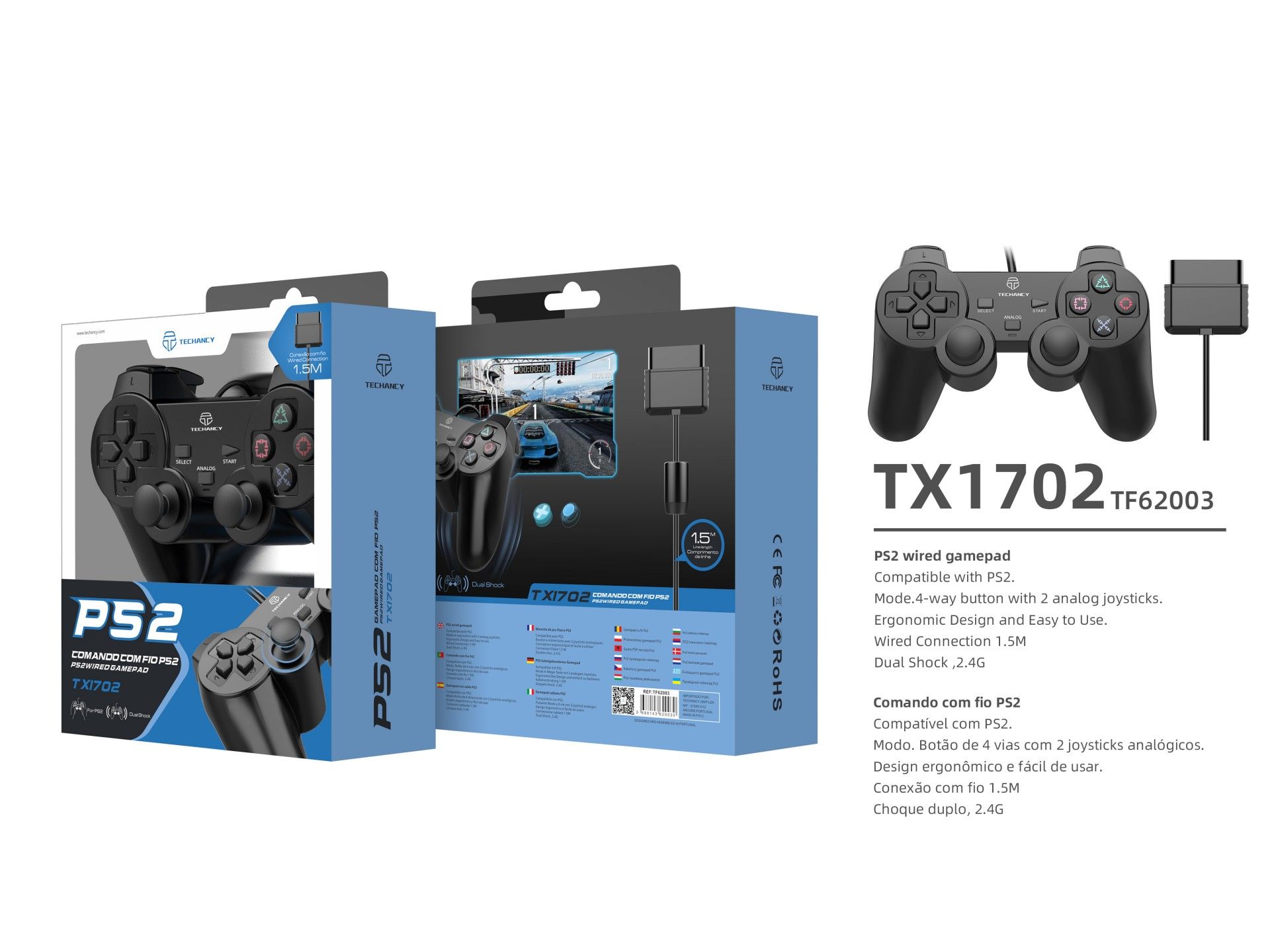 Controlador de jogos com fio USB Techancy PS2, TX1702, com joystick duplo com feedback vibratório, p