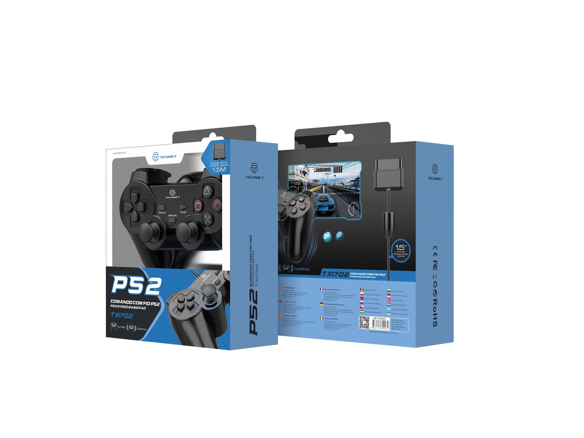 Controlador de jogos com fio USB Techancy PS2, TX1702, com joystick duplo com feedback vibratório, p