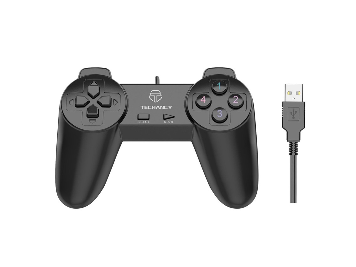 Controlador de jogos com fio para PC Techancy, TX1701, com feedback vibratório, preto