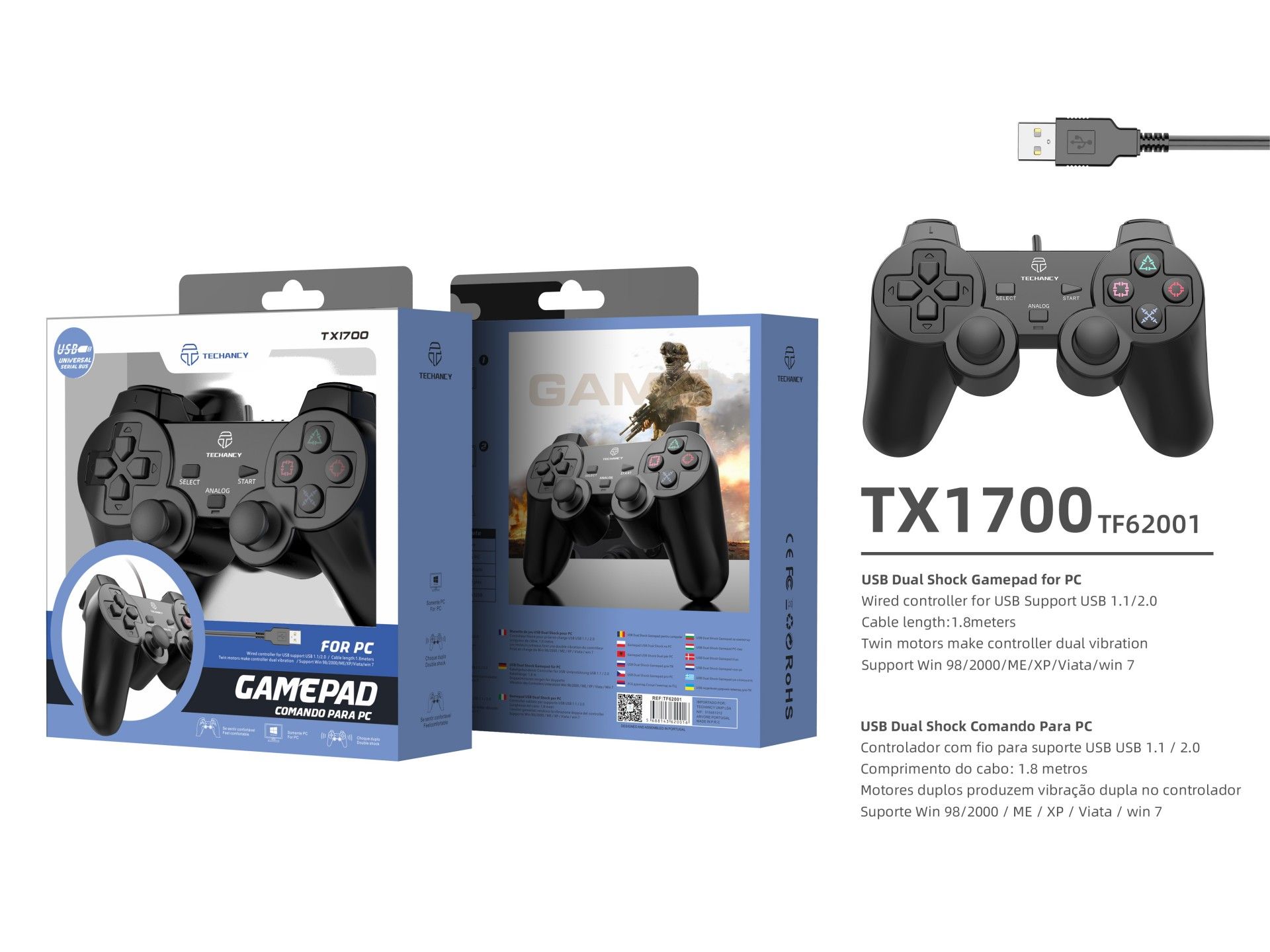 Techancy TX1700 Wired PC Gaming Controller with Vibration Feedback and Dual Joysticks, Black