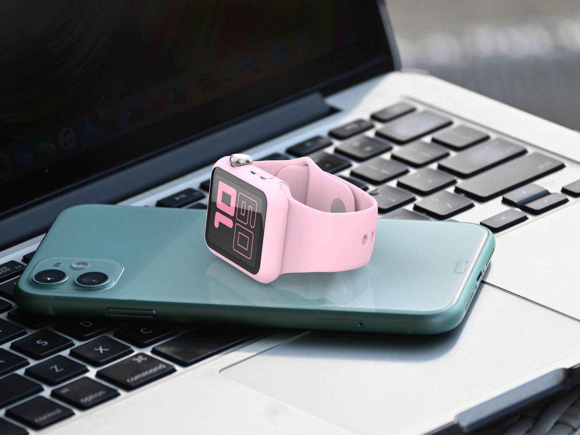 Techancy KC2115 Silicone Watch Band with Screen Protector, Compatible with Apple Watch 44mm, Pink