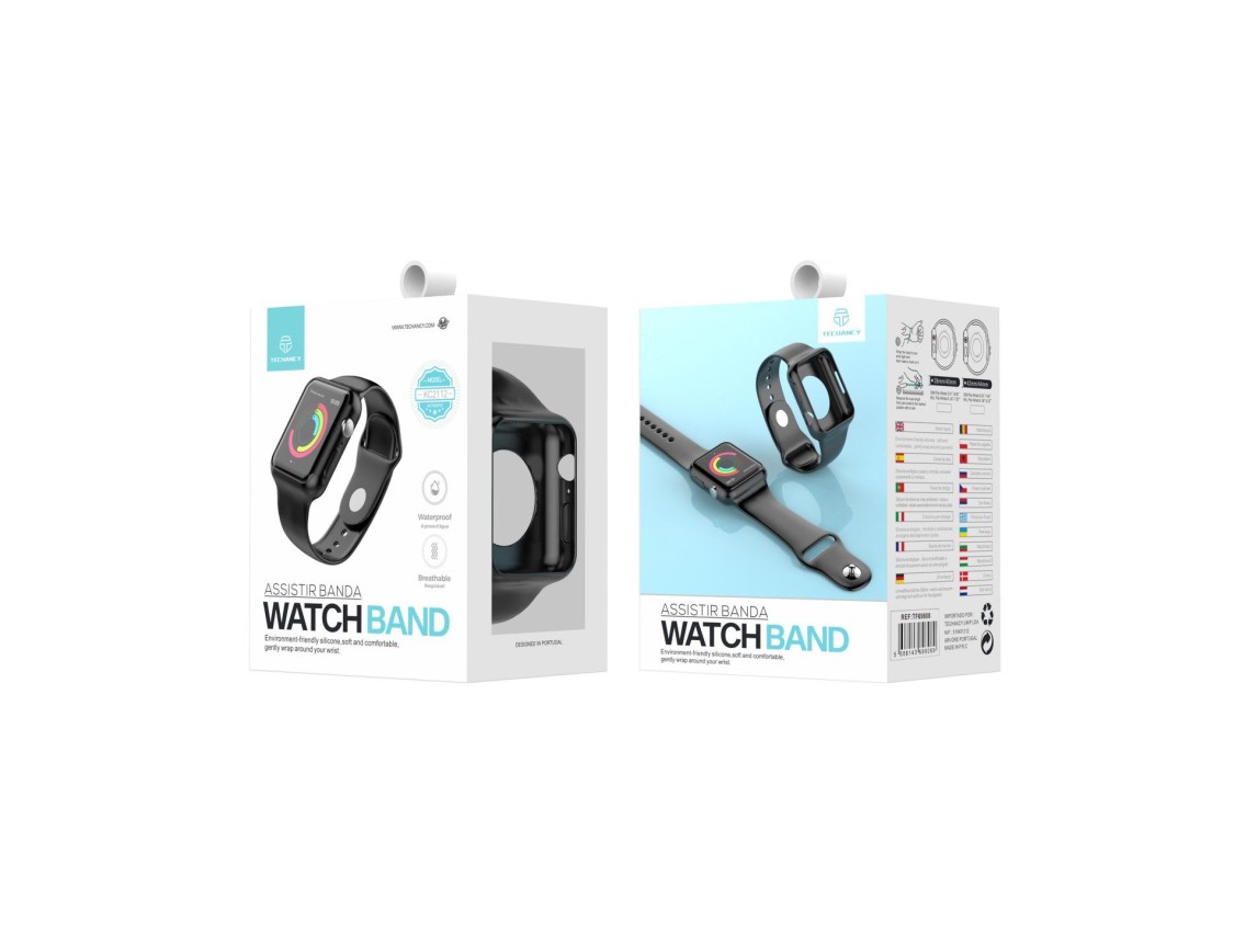 Fully adhesive watch band for Techancy watch, KC2112, compatible with Apple Watch 42-44 mm, Black